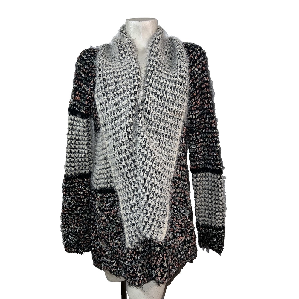 Dor Dor Couture Womens Chunky Eyelash Knit Open Front Shawl Cardigan Black L